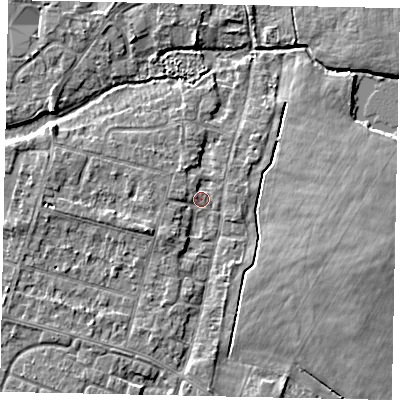 Shaded relief map of the ground around TW170DT, computed from Environment Agency LiDAR. The ground here sits at about 12 m above sea level and falls 4 m across the surrounding 800 m. Surface water reaching this point runs off ground lying to the west-south-west, 2.8 m higher.