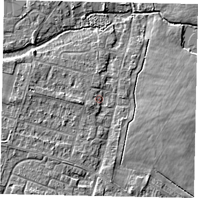Shaded relief map of the ground around TW170DU, computed from Environment Agency LiDAR. The ground here sits at about 12 m above sea level and falls 4 m across the surrounding 800 m. Surface water reaching this point runs off ground lying to the west-south-west, 2.8 m higher.