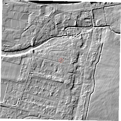 Shaded relief map of the ground around TW170DW, computed from Environment Agency LiDAR. The ground here sits at about 13 m above sea level and falls 9 m across the surrounding 800 m. Surface water reaching this point runs off ground lying to the south, 0.6 m higher.