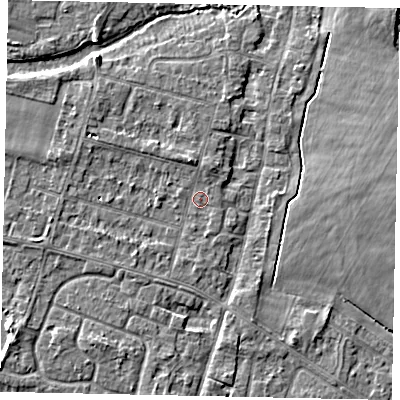 Shaded relief map of the ground around TW170DX, computed from Environment Agency LiDAR. The ground here sits at about 13 m above sea level and falls 4 m across the surrounding 800 m. Surface water reaching this point runs off ground lying to the north-north-west, 2.8 m higher.