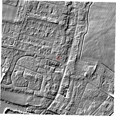Shaded relief map of the ground around TW170DZ, computed from Environment Agency LiDAR. The ground here sits at about 12 m above sea level and falls 5 m across the surrounding 800 m. Surface water reaching this point runs off ground lying to the north, 0.7 m higher.