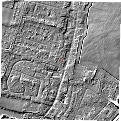 Shaded relief map of the ground around TW170EA, computed from Environment Agency LiDAR. The ground here sits at about 12 m above sea level and falls 7 m across the surrounding 800 m. Surface water reaching this point runs off ground lying to the east-north-east, 2.6 m higher.