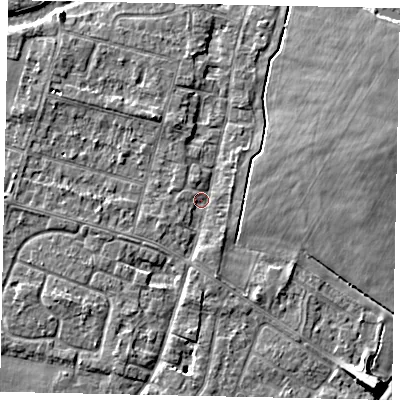 Shaded relief map of the ground around TW170EB, computed from Environment Agency LiDAR. The ground here sits at about 12 m above sea level and falls 7 m across the surrounding 800 m. Surface water reaching this point runs off ground lying to the north-north-west, 2.8 m higher.