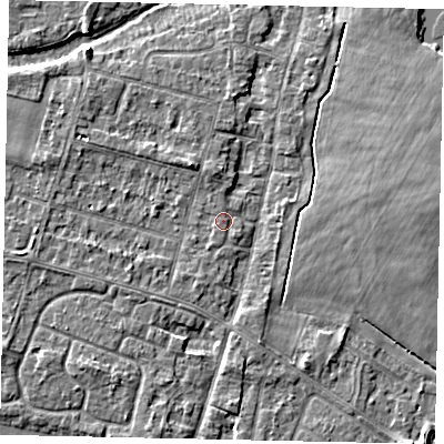 Shaded relief map of the ground around TW170ED, computed from Environment Agency LiDAR. The ground here sits at about 13 m above sea level and falls 4 m across the surrounding 800 m. Surface water reaching this point runs off ground lying to the north-north-west, 2.8 m higher.