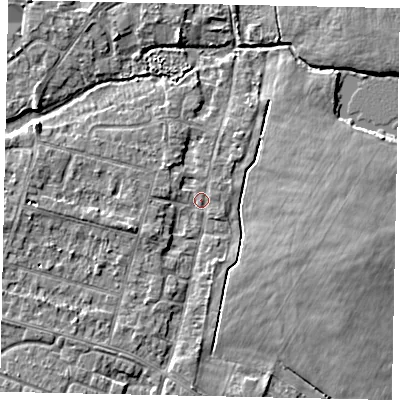 Shaded relief map of the ground around TW170EE, computed from Environment Agency LiDAR. The ground here sits at about 12 m above sea level and falls 4 m across the surrounding 800 m. Surface water reaching this point runs off ground lying to the west-south-west, 2.8 m higher.