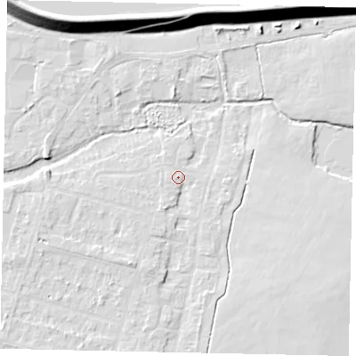 Shaded relief map of the ground around TW170EF, computed from Environment Agency LiDAR. The ground here sits at about 13 m above sea level and falls 14 m across the surrounding 800 m. Surface water reaching this point runs off ground lying to the south-south-west, 1.8 m higher.