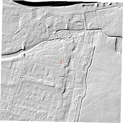 Shaded relief map of the ground around TW170EG, computed from Environment Agency LiDAR. The ground here sits at about 13 m above sea level and falls 14 m across the surrounding 800 m. Surface water reaching this point runs off ground lying to the south-south-east, 1.0 m higher.