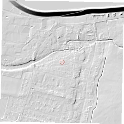 Shaded relief map of the ground around TW170EH, computed from Environment Agency LiDAR. The ground here sits at about 12 m above sea level and falls 14 m across the surrounding 800 m. Surface water reaching this point runs off ground lying to the south-east, 1.2 m higher.