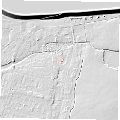 Shaded relief map of the ground around TW170EJ, computed from Environment Agency LiDAR. The ground here sits at about 12 m above sea level and falls 14 m across the surrounding 800 m. Surface water reaching this point runs off ground lying to the south-south-west, 1.7 m higher.