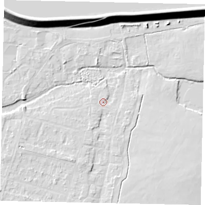 Shaded relief map of the ground around TW170EL, computed from Environment Agency LiDAR. The ground here sits at about 12 m above sea level and falls 14 m across the surrounding 800 m. Surface water reaching this point runs off ground lying to the south-west, 1.6 m higher.