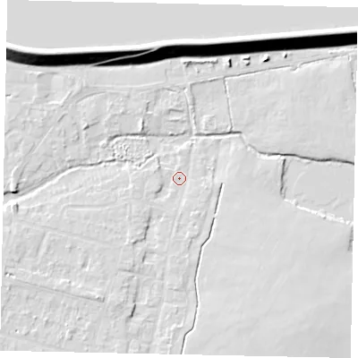 Shaded relief map of the ground around TW170EN, computed from Environment Agency LiDAR. The ground here sits at about 12 m above sea level and falls 14 m across the surrounding 800 m. Surface water reaching this point runs off ground lying to the south-west, 1.8 m higher.
