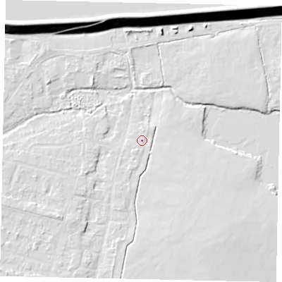 Shaded relief map of the ground around TW170EP, computed from Environment Agency LiDAR. The ground here sits at about 13 m above sea level and falls 14 m across the surrounding 800 m. Surface water reaching this point runs off ground lying to the south-east, 3.0 m higher.