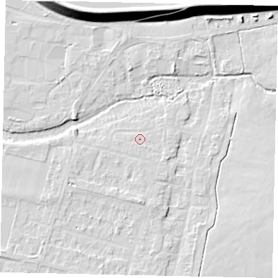 Shaded relief map of the ground around TW170EQ, computed from Environment Agency LiDAR. The ground here sits at about 13 m above sea level and falls 14 m across the surrounding 800 m. Surface water reaching this point runs off ground lying to the south-east, 1.2 m higher.