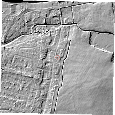 Shaded relief map of the ground around TW170ET, computed from Environment Agency LiDAR. The ground here sits at about 13 m above sea level and falls 8 m across the surrounding 800 m. Surface water reaching this point runs off ground lying to the south-east, 0.6 m higher.