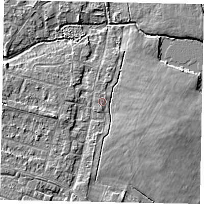 Shaded relief map of the ground around TW170EU, computed from Environment Agency LiDAR. The ground here sits at about 12 m above sea level and falls 4 m across the surrounding 800 m. Surface water reaching this point runs off ground lying to the north-north-east, 0.9 m higher.