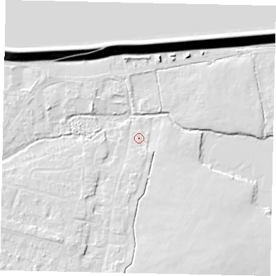 Shaded relief map of the ground around TW170EW, computed from Environment Agency LiDAR. The ground here sits at about 12 m above sea level and falls 14 m across the surrounding 800 m. Surface water reaching this point runs off ground lying to the south-south-east, 1.1 m higher.