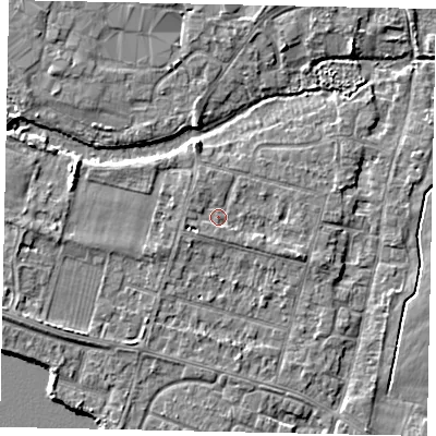 Shaded relief map of the ground around TW170EY, computed from Environment Agency LiDAR. The ground here sits at about 12 m above sea level and falls 4 m across the surrounding 800 m. Surface water reaching this point runs off ground lying to the east-south-east, 1.9 m higher.