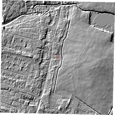 Shaded relief map of the ground around TW170EZ, computed from Environment Agency LiDAR. The ground here sits at about 12 m above sea level and falls 4 m across the surrounding 800 m. Surface water reaching this point runs off ground lying to the east, 3.3 m higher.