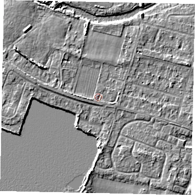 Shaded relief map of the ground around TW170GA, computed from Environment Agency LiDAR. The ground here sits at about 13 m above sea level and falls 6 m across the surrounding 800 m. Surface water reaching this point runs off ground lying to the west-south-west, 1.3 m higher.