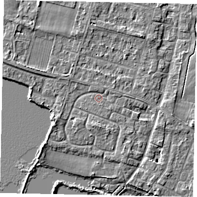 Shaded relief map of the ground around TW170HP, computed from Environment Agency LiDAR. The ground here sits at about 12 m above sea level and falls 6 m across the surrounding 800 m. Surface water reaching this point runs off ground lying to the east-north-east, 0.9 m higher.