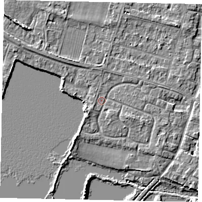 Shaded relief map of the ground around TW170HT, computed from Environment Agency LiDAR. The ground here sits at about 12 m above sea level and falls 7 m across the surrounding 800 m. Surface water reaching this point runs off ground lying to the north-west, 2.5 m higher.