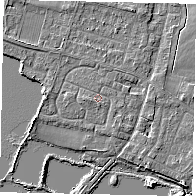 Shaded relief map of the ground around TW170HU, computed from Environment Agency LiDAR. The ground here sits at about 12 m above sea level and falls 6 m across the surrounding 800 m. Surface water reaching this point runs off ground lying to the west-south-west, 1.3 m higher.