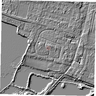 Shaded relief map of the ground around TW170HX, computed from Environment Agency LiDAR. The ground here sits at about 13 m above sea level and falls 6 m across the surrounding 800 m. Surface water reaching this point runs off ground lying to the north-north-east, 1.0 m higher.