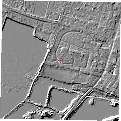 Shaded relief map of the ground around TW170HY, computed from Environment Agency LiDAR. The ground here sits at about 12 m above sea level and falls 7 m across the surrounding 800 m. Surface water reaching this point runs off ground lying to the north-west, 2.5 m higher.