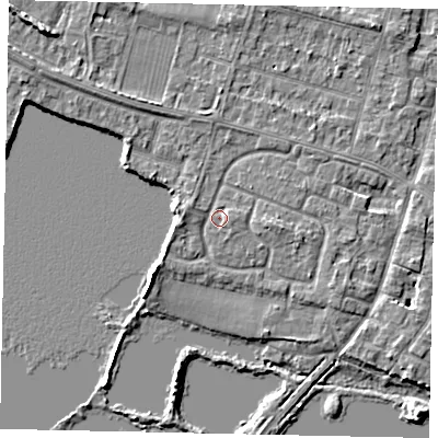 Shaded relief map of the ground around TW170HZ, computed from Environment Agency LiDAR. The ground here sits at about 13 m above sea level and falls 7 m across the surrounding 800 m. Surface water reaching this point runs off ground lying to the north-west, 2.5 m higher.