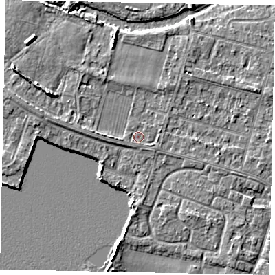 Shaded relief map of the ground around TW170JA, computed from Environment Agency LiDAR. The ground here sits at about 13 m above sea level and falls 6 m across the surrounding 800 m. Surface water reaching this point runs off ground lying to the west, 1.5 m higher.