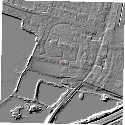 Shaded relief map of the ground around TW170JB, computed from Environment Agency LiDAR. The ground here sits at about 12 m above sea level and falls 9 m across the surrounding 800 m. Surface water reaching this point runs off ground lying to the north-west, 2.4 m higher.