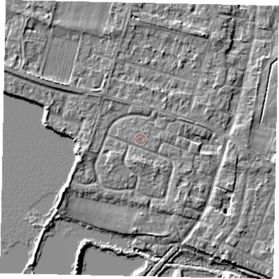 Shaded relief map of the ground around TW170JD, computed from Environment Agency LiDAR. The ground here sits at about 12 m above sea level and falls 6 m across the surrounding 800 m. The ground contributing surface water to this point lies to the east-south-east.
