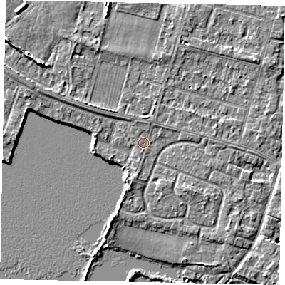 Shaded relief map of the ground around TW170JE, computed from Environment Agency LiDAR. The ground here sits at about 12 m above sea level and falls 7 m across the surrounding 800 m. Surface water reaching this point runs off ground lying to the west-north-west, 2.5 m higher.