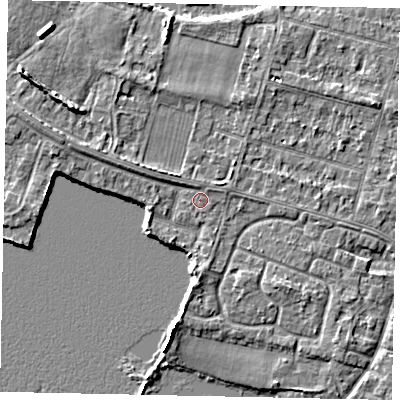 Shaded relief map of the ground around TW170JF, computed from Environment Agency LiDAR. The ground here sits at about 13 m above sea level and falls 6 m across the surrounding 800 m. Surface water reaching this point runs off ground lying to the west-north-west, 2.3 m higher.