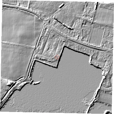 Shaded relief map of the ground around TW170JH, computed from Environment Agency LiDAR. The ground here sits at about 14 m above sea level and falls 6 m across the surrounding 800 m. Surface water reaching this point runs off ground lying to the west-north-west, 0.7 m higher.