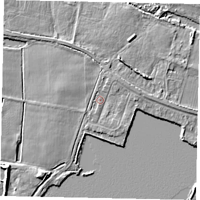Shaded relief map of the ground around TW170JJ, computed from Environment Agency LiDAR. The ground here sits at about 13 m above sea level and falls 8 m across the surrounding 800 m. Surface water reaching this point runs off ground lying to the east-north-east, 2.1 m higher.