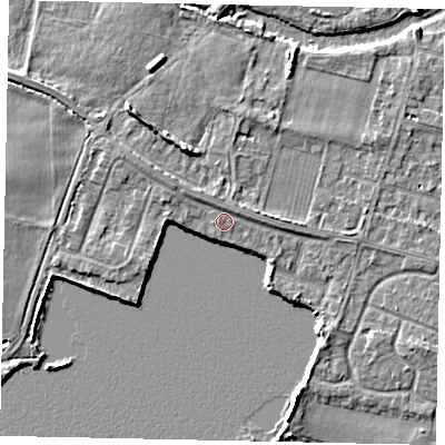 Shaded relief map of the ground around TW170JQ, computed from Environment Agency LiDAR. The ground here sits at about 13 m above sea level and falls 6 m across the surrounding 800 m. Surface water reaching this point runs off ground lying to the north-west, 1.5 m higher.