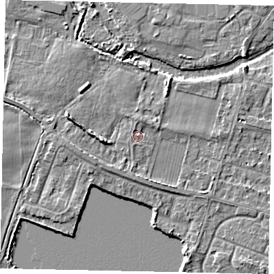 Shaded relief map of the ground around TW170JR, computed from Environment Agency LiDAR. The ground here sits at about 13 m above sea level and falls 6 m across the surrounding 800 m. Surface water reaching this point runs off ground lying to the west, 0.7 m higher.