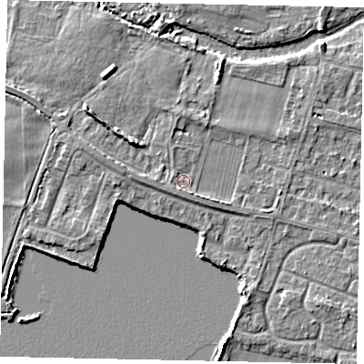 Shaded relief map of the ground around TW170JS, computed from Environment Agency LiDAR. The ground here sits at about 13 m above sea level and falls 6 m across the surrounding 800 m. Surface water reaching this point runs off ground lying to the south-south-west, 1.2 m higher.