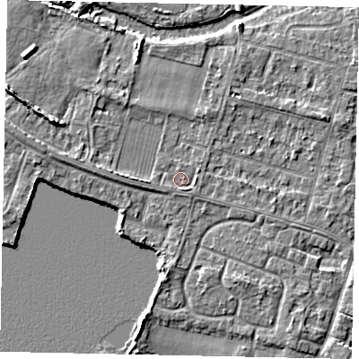 Shaded relief map of the ground around TW170JT, computed from Environment Agency LiDAR. The ground here sits at about 12 m above sea level and falls 6 m across the surrounding 800 m. Surface water reaching this point runs off ground lying to the west, 1.5 m higher.