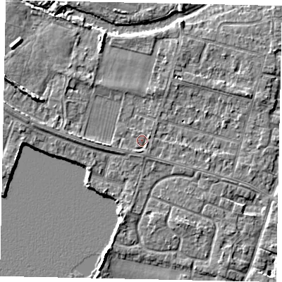 Shaded relief map of the ground around TW170JU, computed from Environment Agency LiDAR. The ground here sits at about 13 m above sea level and falls 6 m across the surrounding 800 m. Surface water reaching this point runs off ground lying to the west, 1.5 m higher.