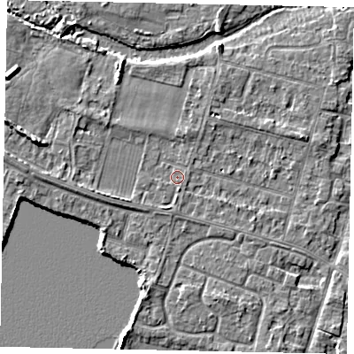 Shaded relief map of the ground around TW170JX, computed from Environment Agency LiDAR. The ground here sits at about 13 m above sea level and falls 6 m across the surrounding 800 m. Surface water reaching this point runs off ground lying to the west-north-west, 4.1 m higher.