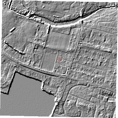 Shaded relief map of the ground around TW170JY, computed from Environment Agency LiDAR. The ground here sits at about 12 m above sea level and falls 6 m across the surrounding 800 m. Surface water reaching this point runs off ground lying to the south-west, 1.5 m higher.