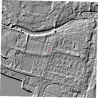 Shaded relief map of the ground around TW170JZ, computed from Environment Agency LiDAR. The ground here sits at about 13 m above sea level and falls 6 m across the surrounding 800 m. Surface water reaching this point runs off ground lying to the south-south-west, 1.0 m higher.