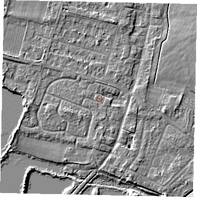 Shaded relief map of the ground around TW170LA, computed from Environment Agency LiDAR. The ground here sits at about 13 m above sea level and falls 6 m across the surrounding 800 m. Surface water reaching this point runs off ground lying to the south, 1.9 m higher.