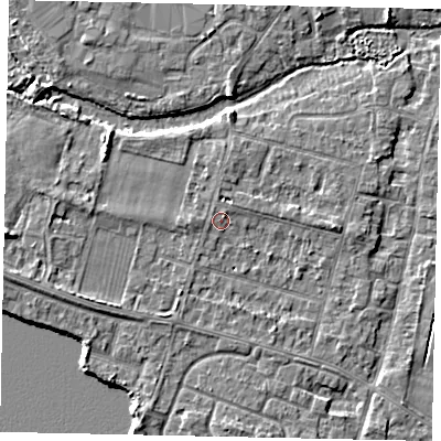 Shaded relief map of the ground around TW170LB, computed from Environment Agency LiDAR. The ground here sits at about 13 m above sea level and falls 5 m across the surrounding 800 m. Surface water reaching this point runs off ground lying to the west-south-west, 2.5 m higher.