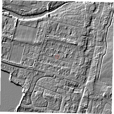 Shaded relief map of the ground around TW170LQ, computed from Environment Agency LiDAR. The ground here sits at about 12 m above sea level and falls 5 m across the surrounding 800 m. Surface water reaching this point runs off ground lying to the west, 2.2 m higher.