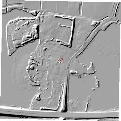 Shaded relief map of the ground around TW170NF, computed from Environment Agency LiDAR. The ground here sits at about 13 m above sea level and falls 11 m across the surrounding 800 m. Surface water reaching this point runs off ground lying to the west-south-west, 1.0 m higher.