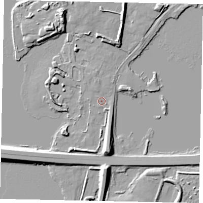 Shaded relief map of the ground around TW170NG, computed from Environment Agency LiDAR. The ground here sits at about 12 m above sea level and falls 11 m across the surrounding 800 m. Surface water reaching this point runs off ground lying to the south, 7.8 m higher.