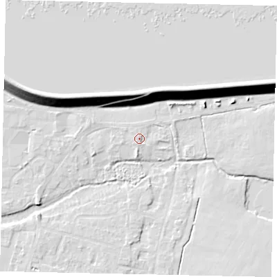 Shaded relief map of the ground around TW170PZ, computed from Environment Agency LiDAR. The ground here sits at about 13 m above sea level and falls 14 m across the surrounding 800 m. Surface water reaching this point runs off ground lying to the south-south-west, 1.1 m higher.